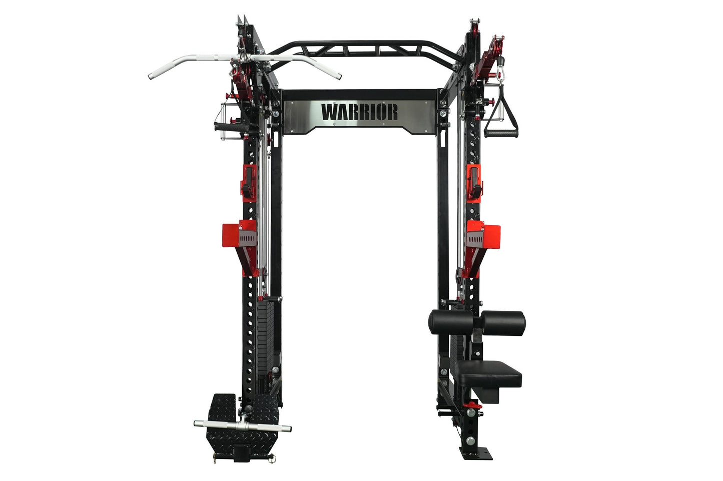 Warrior dual cable crossover machine with black steel frame, red pulleys, lat pulldown attachment, and silver top bar on whit