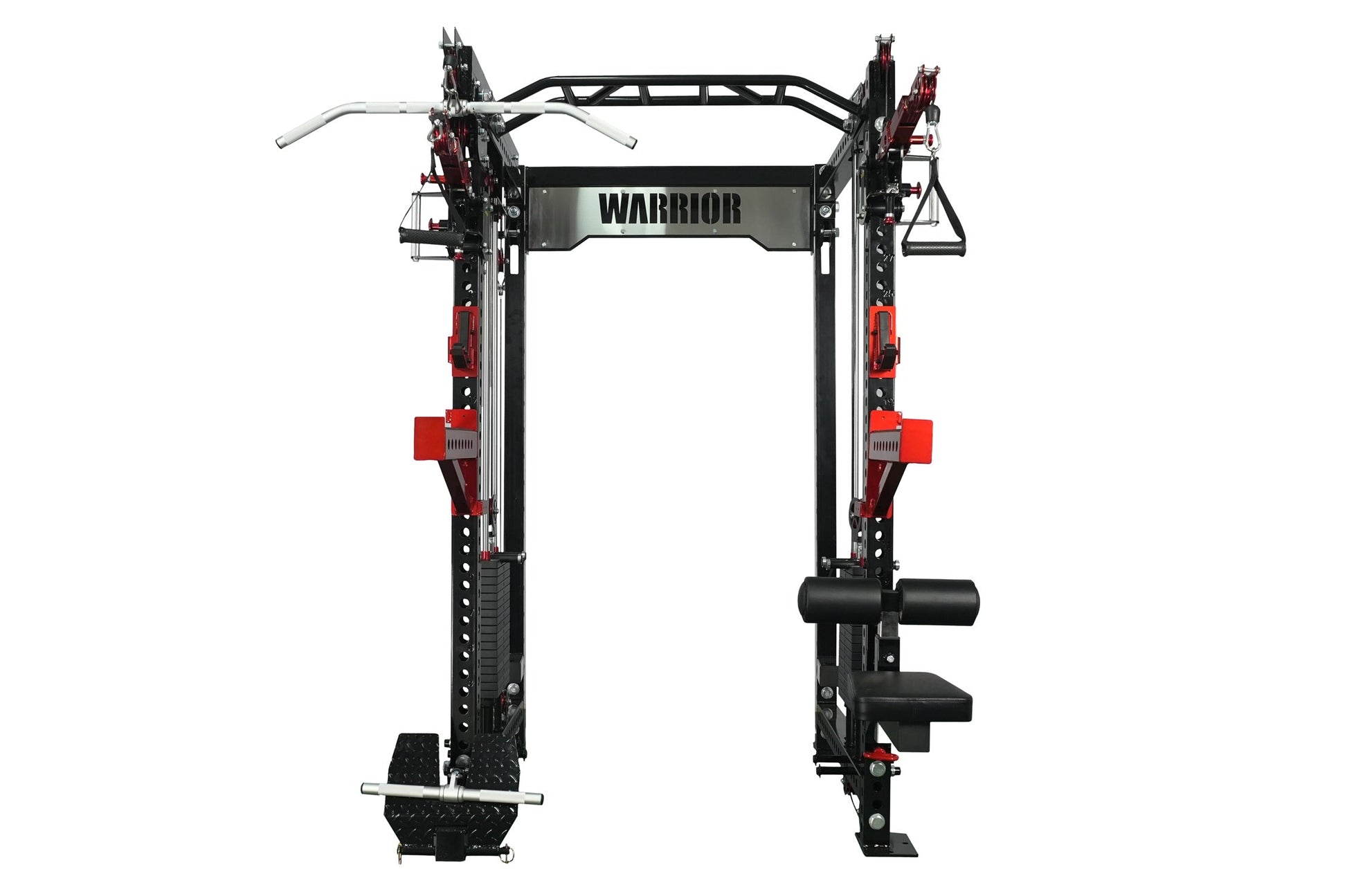 Warrior dual cable crossover machine with black steel frame, red pulleys, lat pulldown attachment, and silver top bar on whit