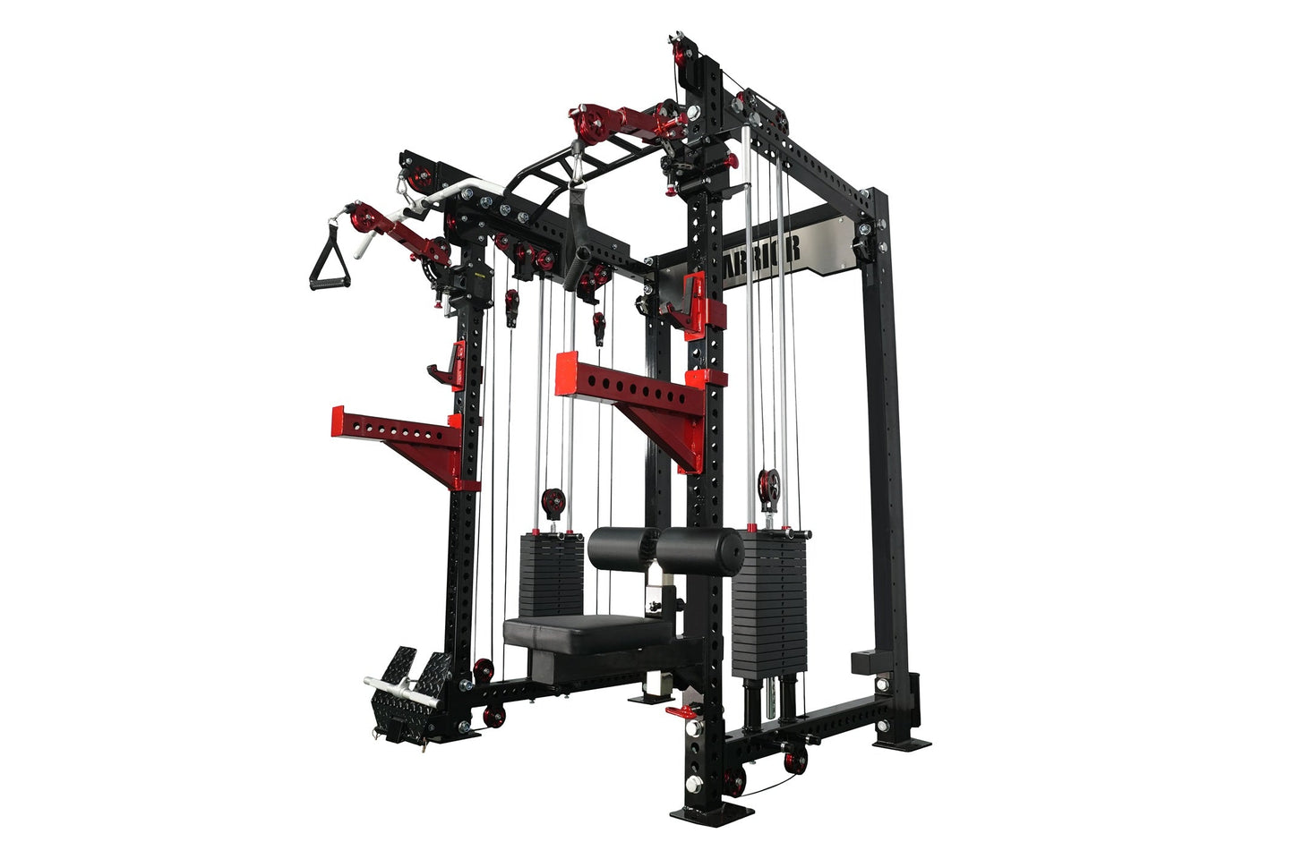 Black and red cable crossover pulley power rack with dual adjustable arms, lat pulldown station, weight stack attachment, and