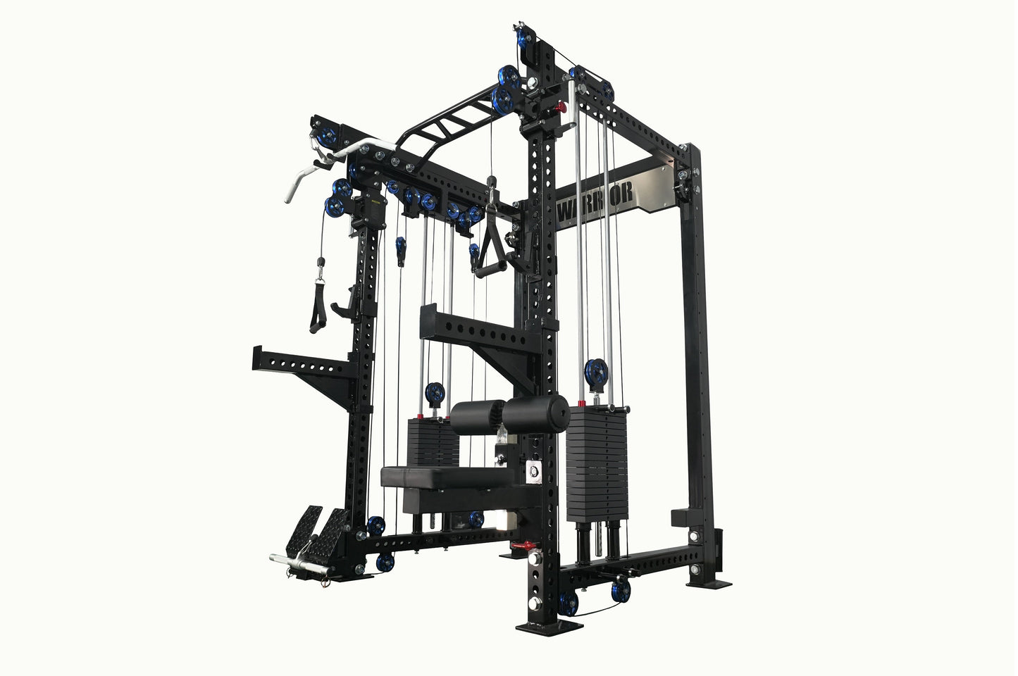 Black cable crossover pulley power rack gym system with dual weight stack stations, blue pulleys, and lat pulldown attachment