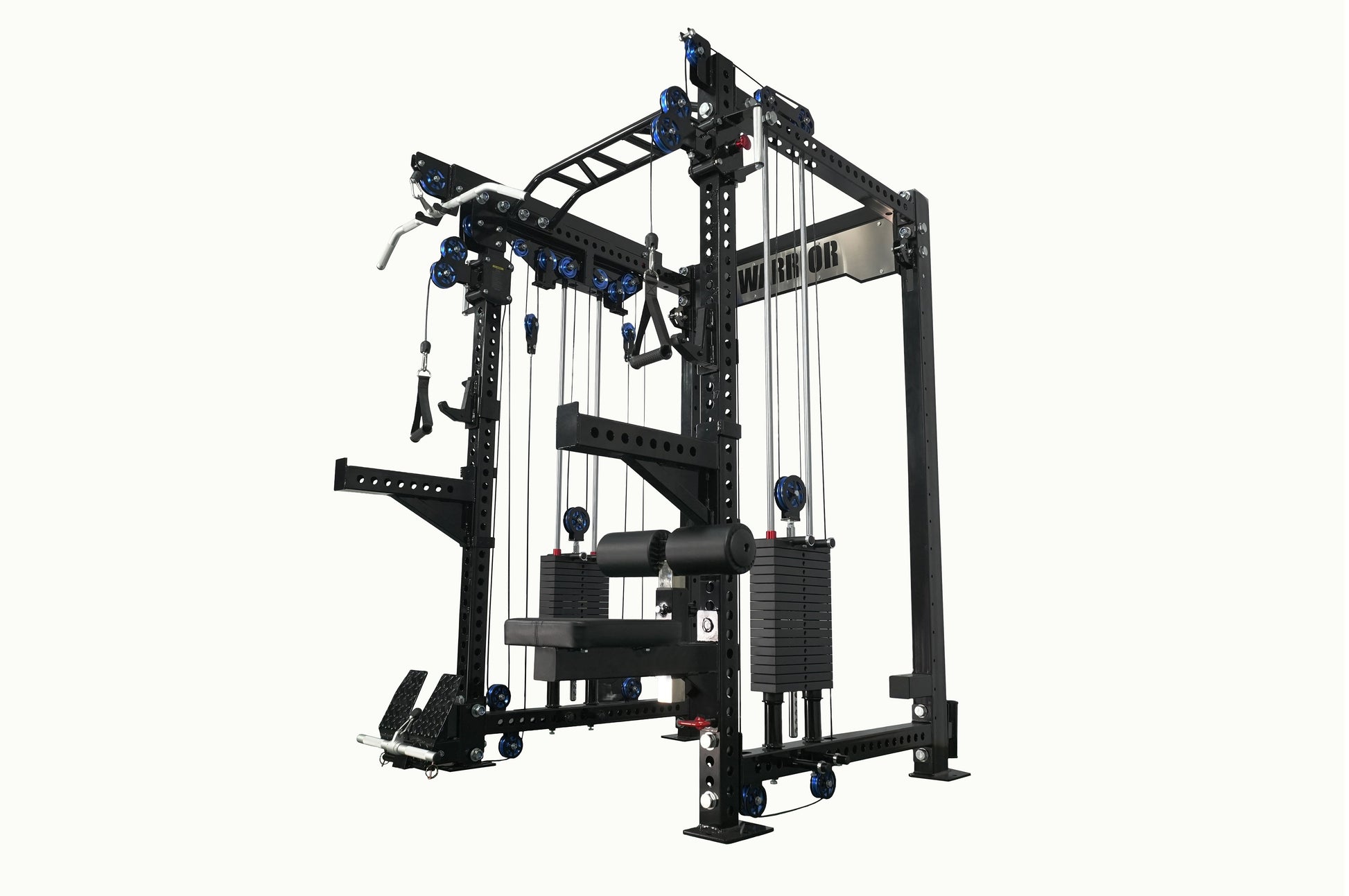 Black cable crossover pulley power rack gym system with dual weight stack stations, blue pulleys, and lat pulldown attachment