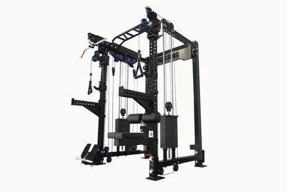 Black cable crossover pulley power rack gym system with dual weight stack stations, blue pulleys, and lat pulldown attachment