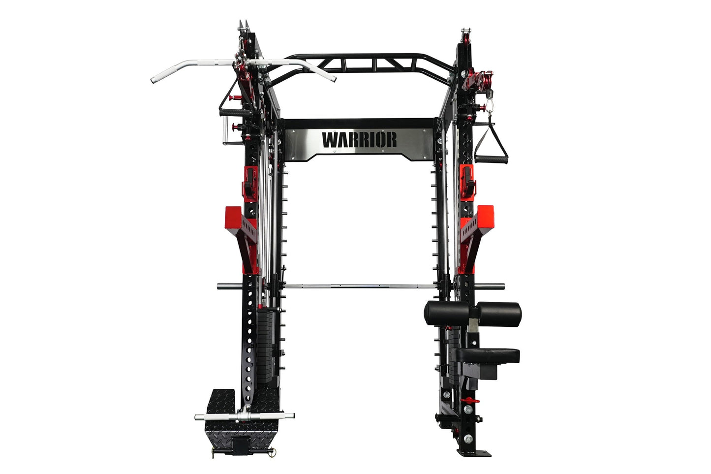 Warrior 3.5 Cable Crossover Pulley Power Rack in black and red with dual cable stations, lat pulldown attachment, and Smith b