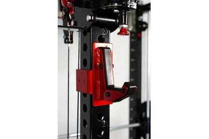 Red and black cable crossover pulley attachment mounted on black power rack frame with numbered markers, featuring dual pulle