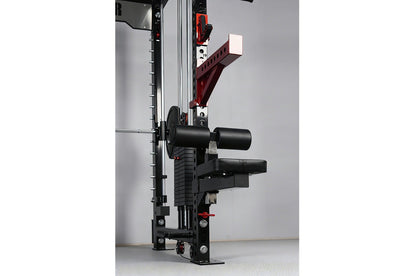 Warrior 3.5 cable crossover power rack with dual black pulleys, red counterbalance arm, and lat pulldown attachment on gray b