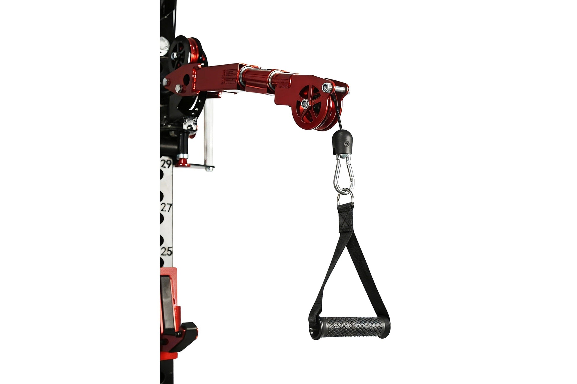 Red and black cable crossover pulley system mounted on power rack with black triangular grip attachment, shown on white backg