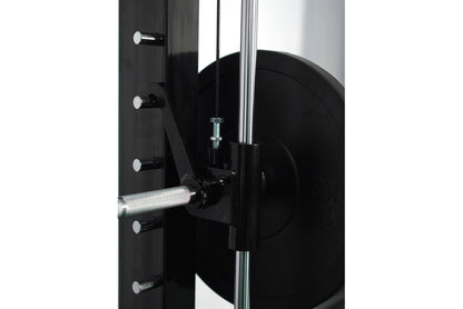 Black cable crossover pulley system with chrome handles, metal weight plate holder, and adjustable pulley attachments on whit