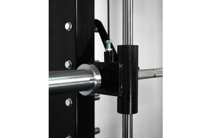 Black and chrome cable crossover pulley attachment with adjustable arm and metal hardware mounted on power rack frame