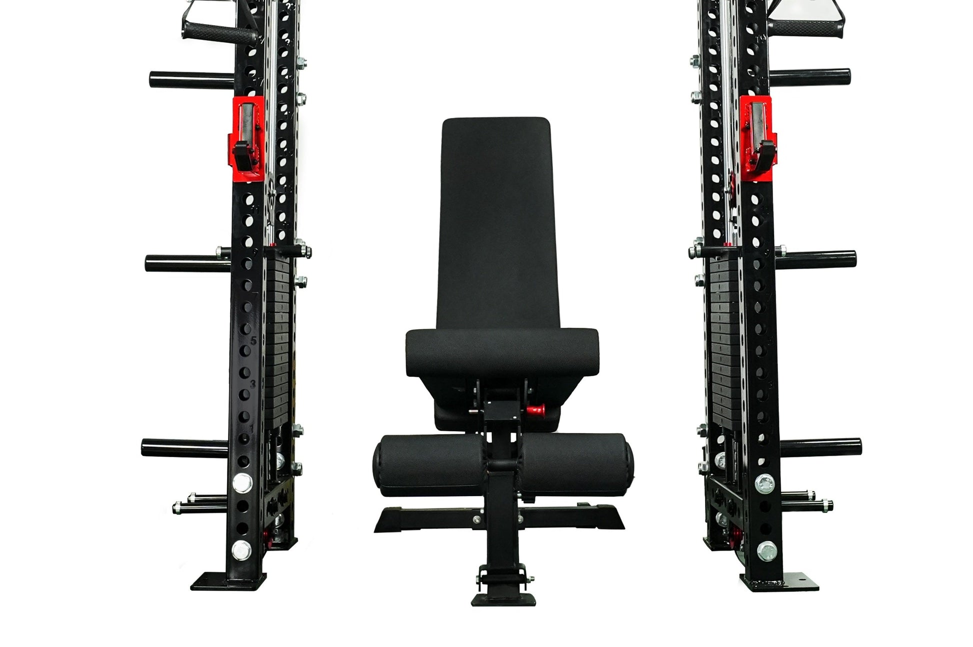 Black and red cable crossover power rack with dual adjustable pulleys, lat pulldown station, and padded seat on white backgro
