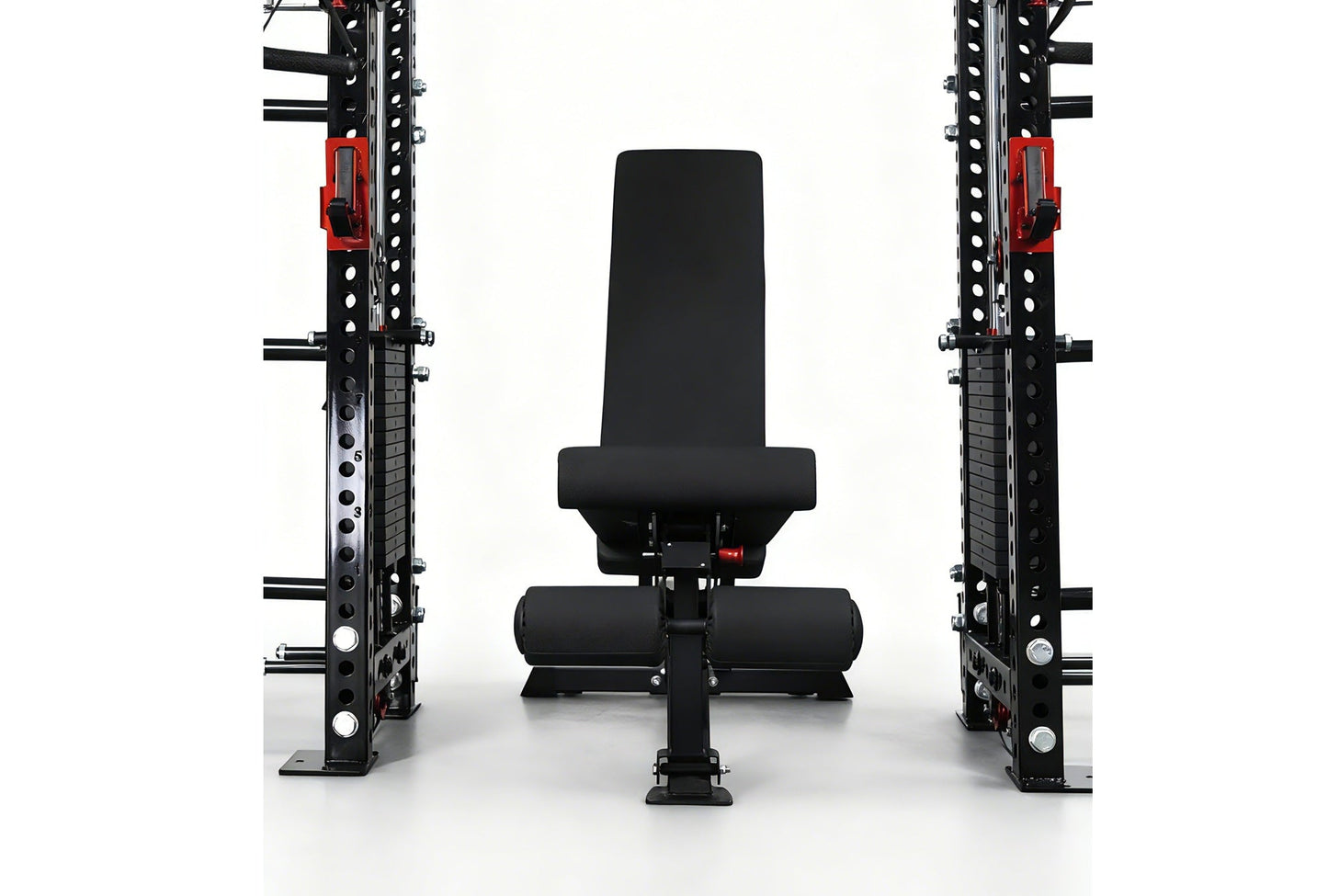 Warrior 2.0 cable crossover power rack with black uprights, red handles, and adjustable pulley system on white background