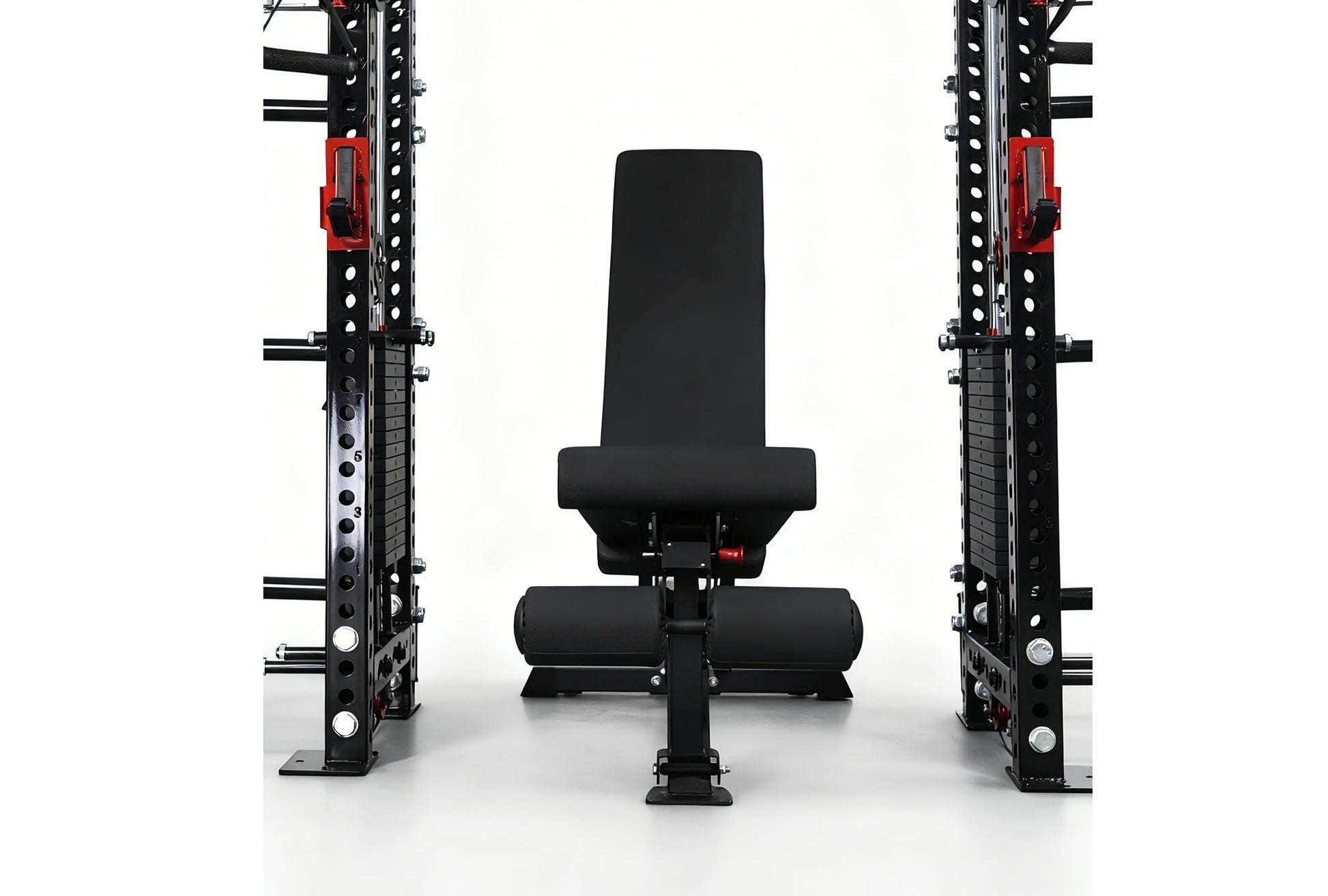 Warrior 2.0 cable crossover power rack with black uprights, red handles, and adjustable pulley system on white background