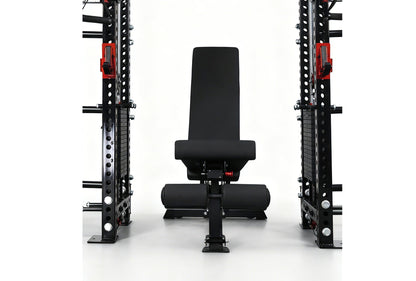 Warrior 2.0 cable crossover power rack with black uprights, red handles, and adjustable pulley system on white background