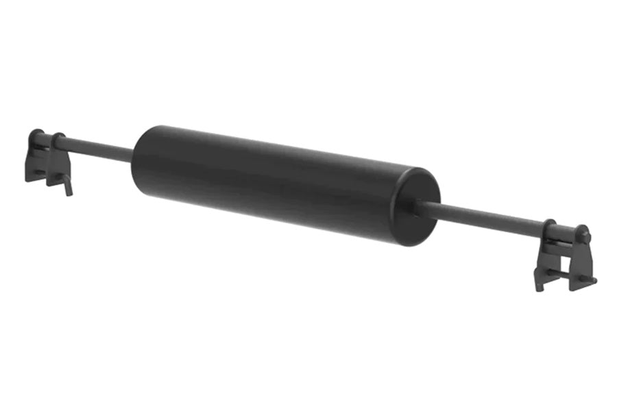 Black cylindrical cable machine component with dual bracket attachments on white background