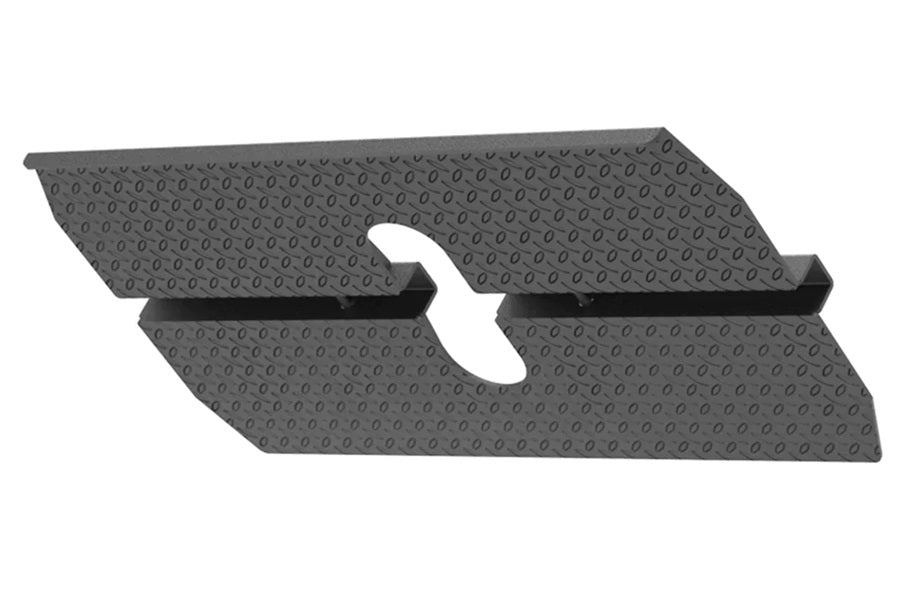 Gray textured metal footplate with center oval cutout and black side rails, front view on white background