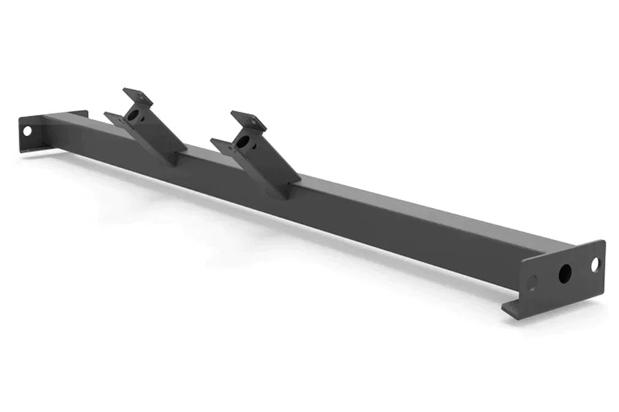 Black metal cable crossover attachment bar with dual adjustable pulleys and mounting hardware on white background