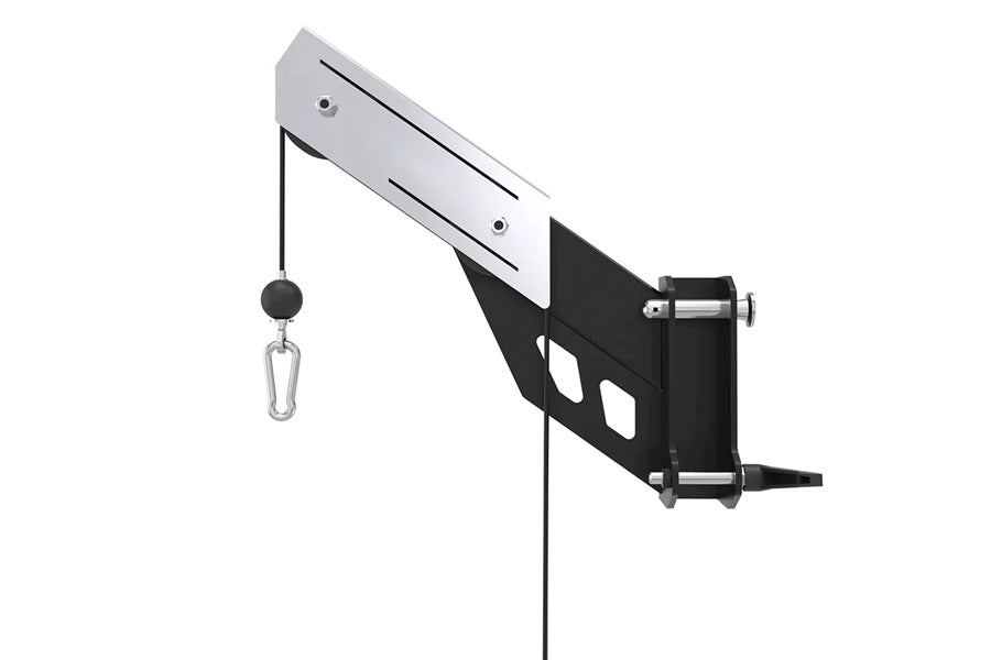 Warrior 801 functional trainer with silver top bracket, black cable attachment arm, and hanging pulley system on white backgr