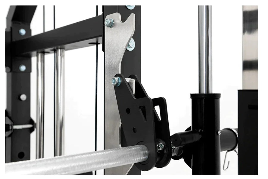 Black and silver cable machine attachment detail showing metal bracket, adjustment knob, and pulley system on white backgroun