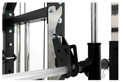 Black and silver cable machine attachment detail showing metal bracket, adjustment knob, and pulley system on white backgroun