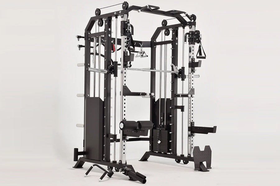 Warrior 801 functional trainer cable crossover home gym with smith machine in black and silver, shown from front angle on whi