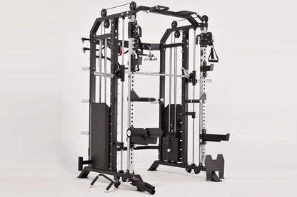 Warrior 801 functional trainer cable crossover home gym with smith machine in black and silver, shown from front angle on whi