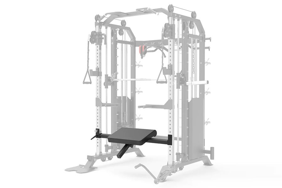 Black weight bench attachment for cable crossover gym machine, front view on white background