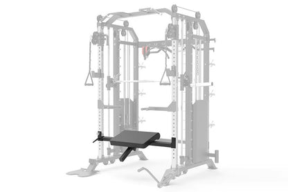 Black weight bench attachment for cable crossover gym machine, front view on white background