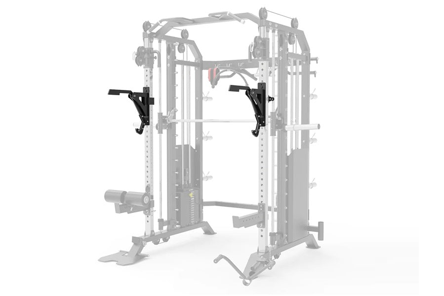 Warrior 801 functional trainer with cable crossover and Smith machine attachment, black handles on white frame, front view
