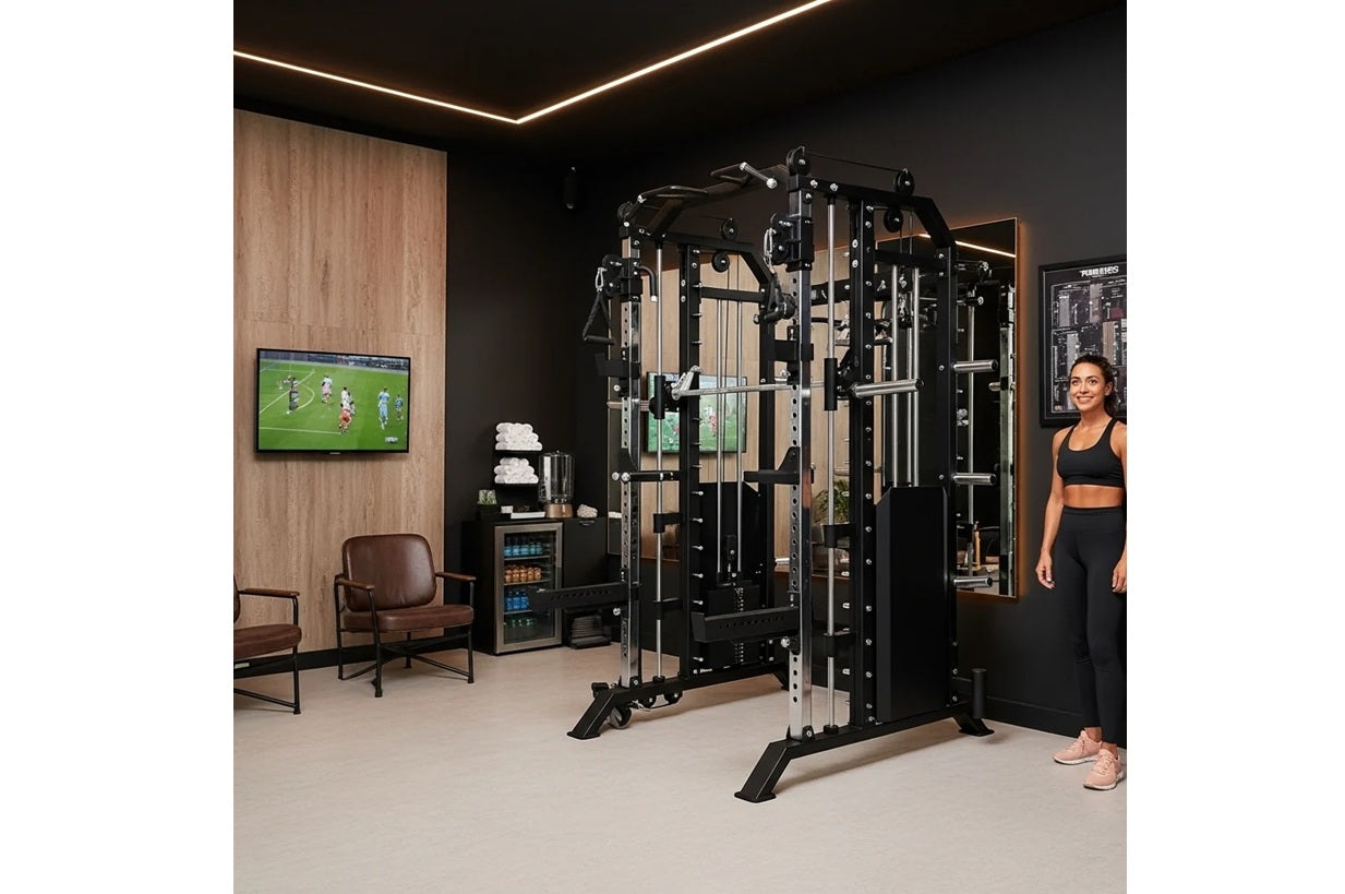 Warrior 801 Pro black and tan multi-functional home gym with cable pulleys, smith machine, and mirror, displayed in modern fi