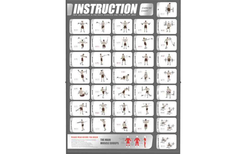 Exercise instruction chart showing 35 workout movements with illustrated figures demonstrating dumbbell, barbell, and cable m