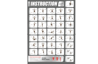 Exercise instruction chart showing 35 workout movements with illustrated figures demonstrating dumbbell, barbell, and cable m