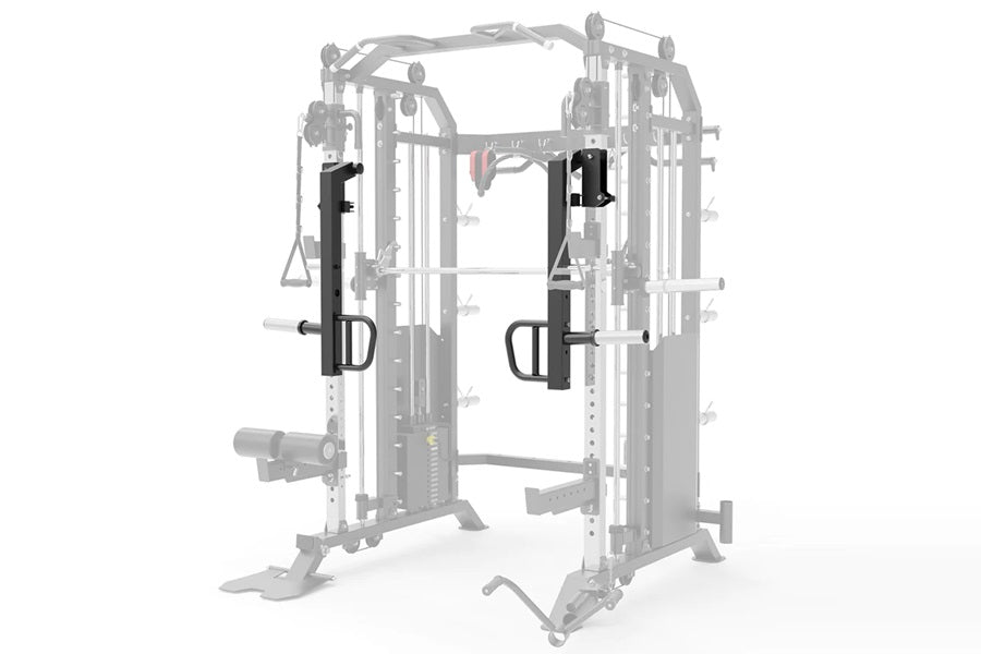 Pair of black D-handle attachments for cable machine, shown on Smith machine functional trainer frame