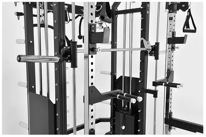 Warrior 801 black and silver functional trainer with cable crossover, smith machine, and weight plate pegs on white backgroun