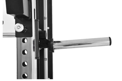 Warrior 801 functional trainer detail showing silver cylindrical arm attachment with black housing and adjustment holes on ve