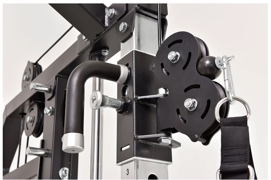 Black and silver functional trainer cable crossover gym machine with dual weight plate pegs, handles, and adjustable pulleys 