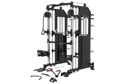 Black and silver all-in-one functional trainer with cable crossover, smith machine, and included accessories on white backgro