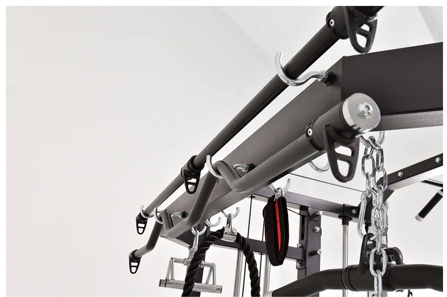 Warrior 801 functional trainer with dual cable crossover arms, metal frame, and chain attachments on white background