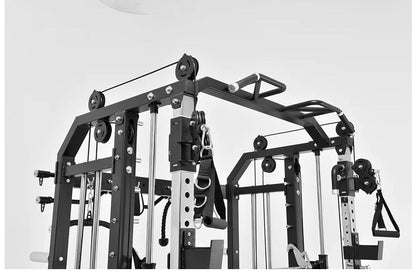 Black and white multi-station functional trainer with cable crossover system, pulleys, and adjustable weight stacks on white 