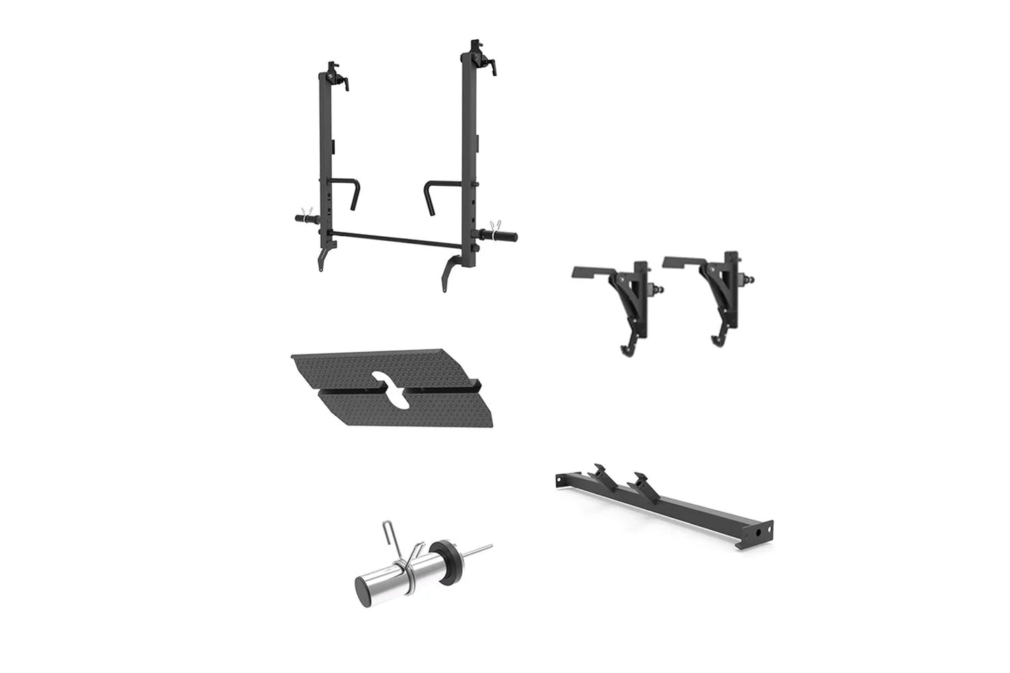 Home gym equipment set including dual cable crossover machine with vertical posts, platform base, dual pulley attachments, an