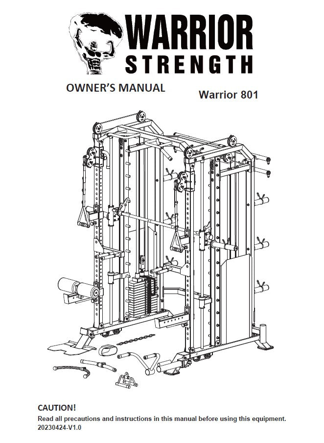 Warrior 801 multi-functional cable machine with dual pulleys, attachment arms, and Smith bar on white background
