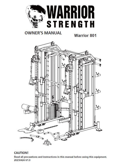 Warrior 801 multi-functional cable machine with dual pulleys, attachment arms, and Smith bar on white background