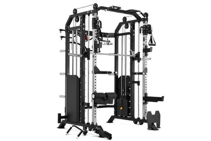 Black and silver dual-station functional trainer with cable crossover, adjustable arms, and integrated Smith machine on white